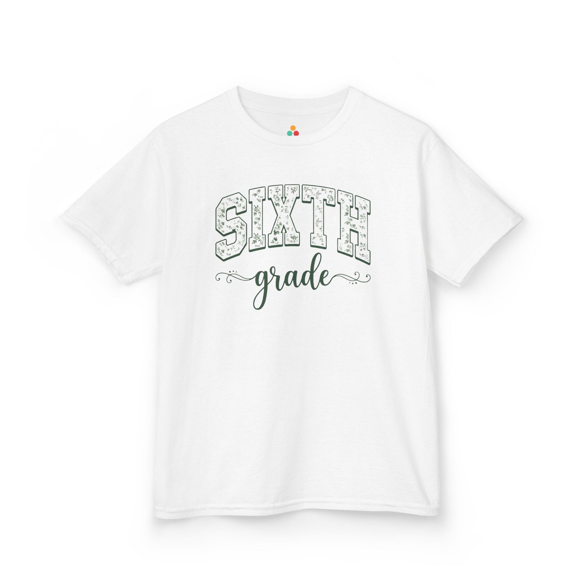 White t-shirt with 'Sixth Grade' text on a white background. Floral sixth grade kids tee from TEEZOCA reading sixth grade in arched varsity type, a cute back to school shirt.
