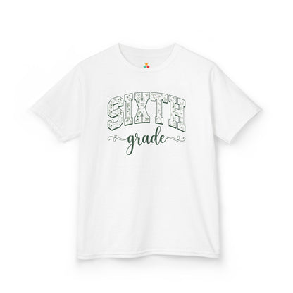 White t-shirt with 'Sixth Grade' text on a white background. Floral sixth grade kids tee from TEEZOCA reading sixth grade in arched varsity type, a cute back to school shirt.
