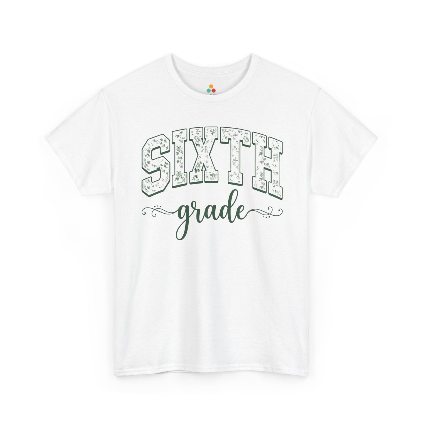 White t-shirt with 'Sixth grade' text on a white background. TEEZOCA floral sixth grade shirt for adults, the kind of teacher tee shoppers find on Amazon and Etsy for the new school year.
