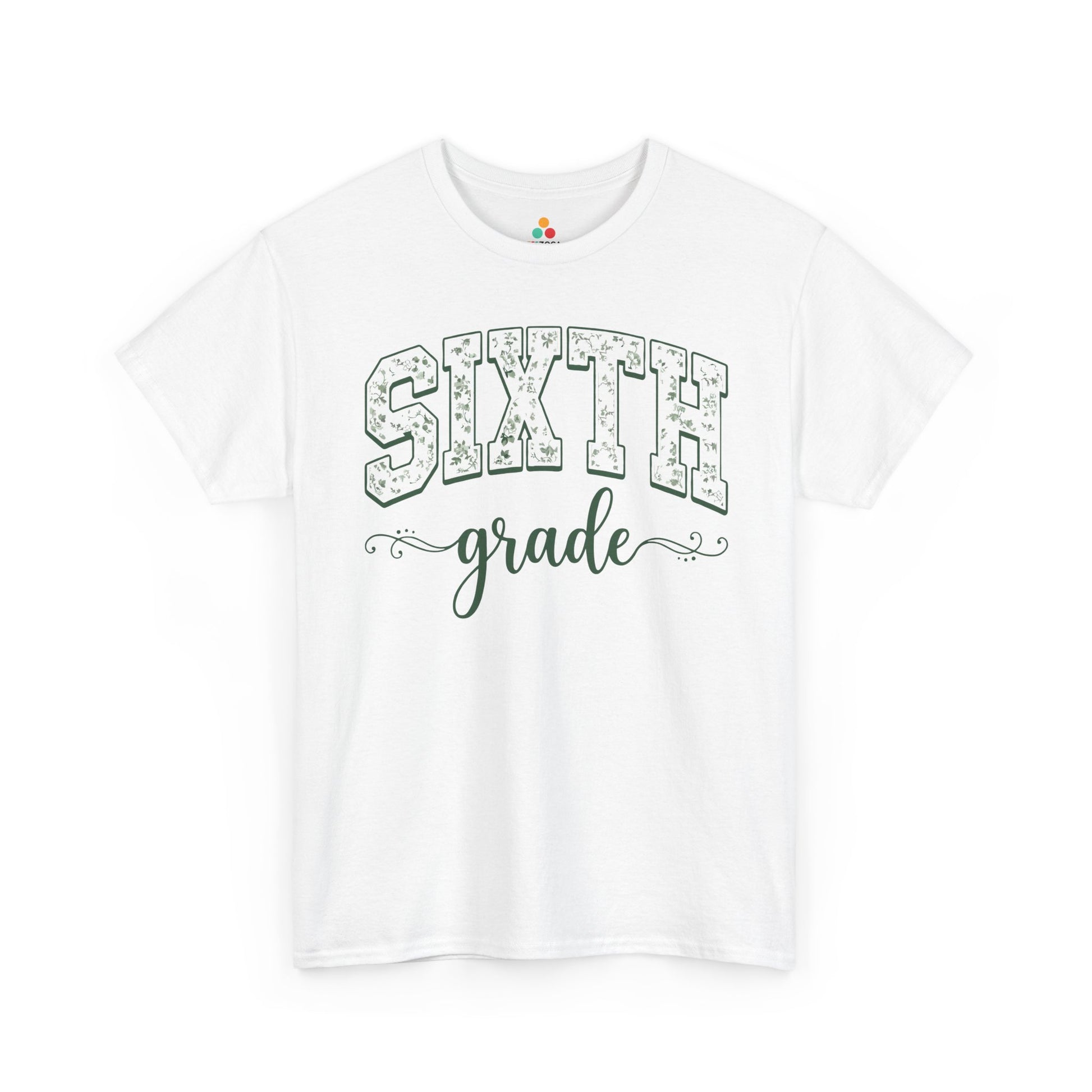 White t-shirt with 'Sixth grade' text on a white background. TEEZOCA floral sixth grade shirt for adults, the kind of teacher tee shoppers find on Amazon and Etsy for the new school year.
