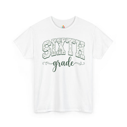 White t-shirt with 'Sixth grade' text on a white background. TEEZOCA floral sixth grade shirt for adults, the kind of teacher tee shoppers find on Amazon and Etsy for the new school year.
