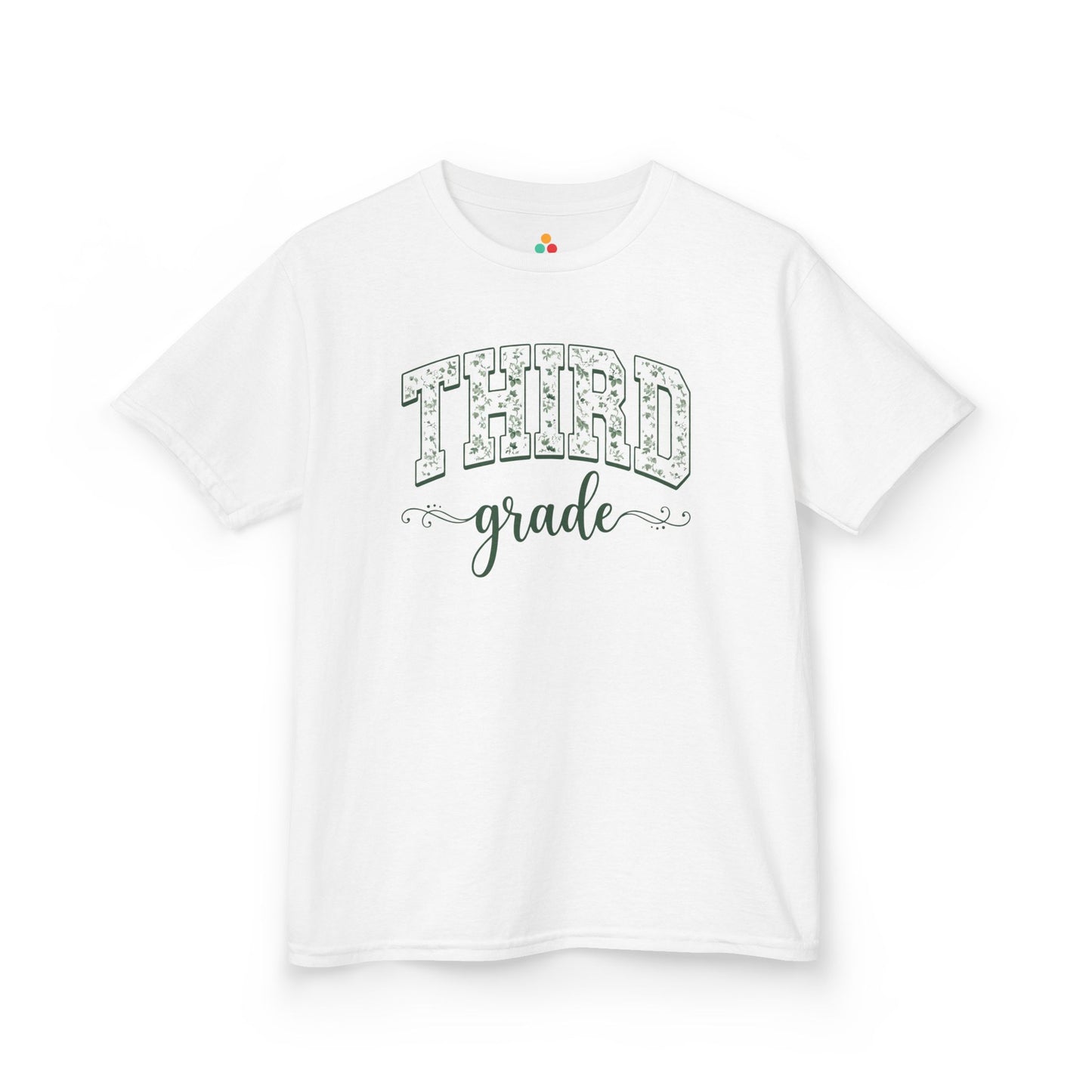 White t-shirt with 'THIRD grade' text on a white background. TEEZOCA floral third grade girl shirt, the kind of kids first-day tee parents shop on Amazon and Etsy for milestone photos.
