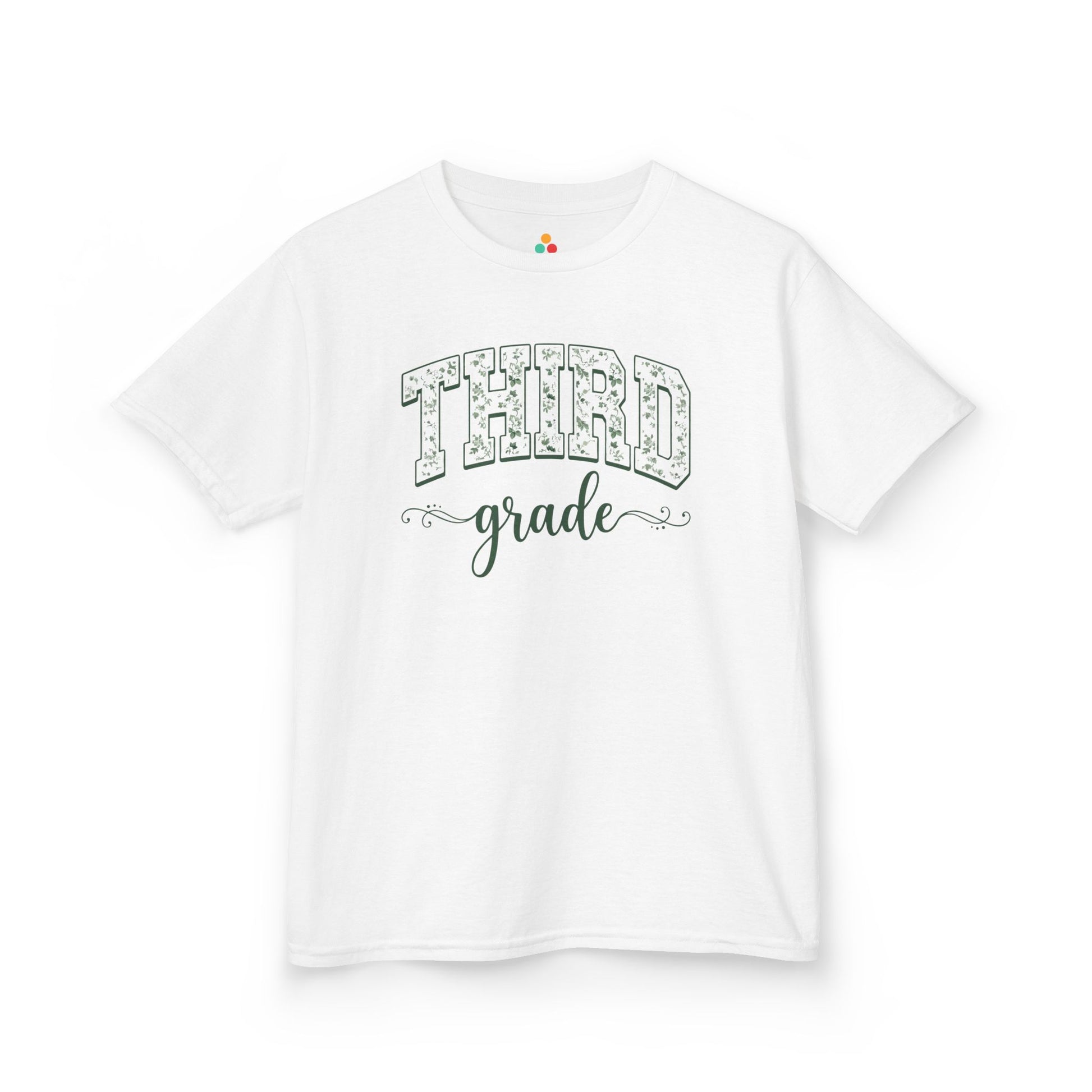 White t-shirt with 'THIRD grade' text on a white background. TEEZOCA floral third grade girl shirt, the kind of kids first-day tee parents shop on Amazon and Etsy for milestone photos.
