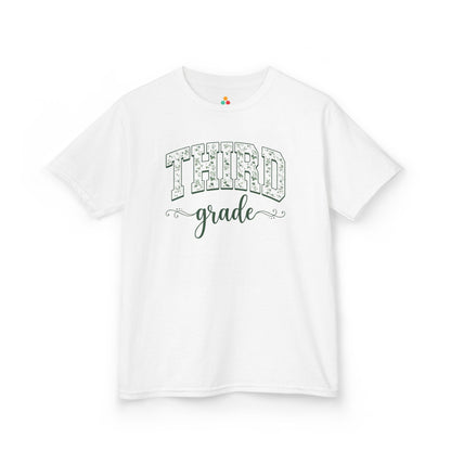 White t-shirt with 'THIRD grade' text on a white background. TEEZOCA floral third grade girl shirt, the kind of kids first-day tee parents shop on Amazon and Etsy for milestone photos.
