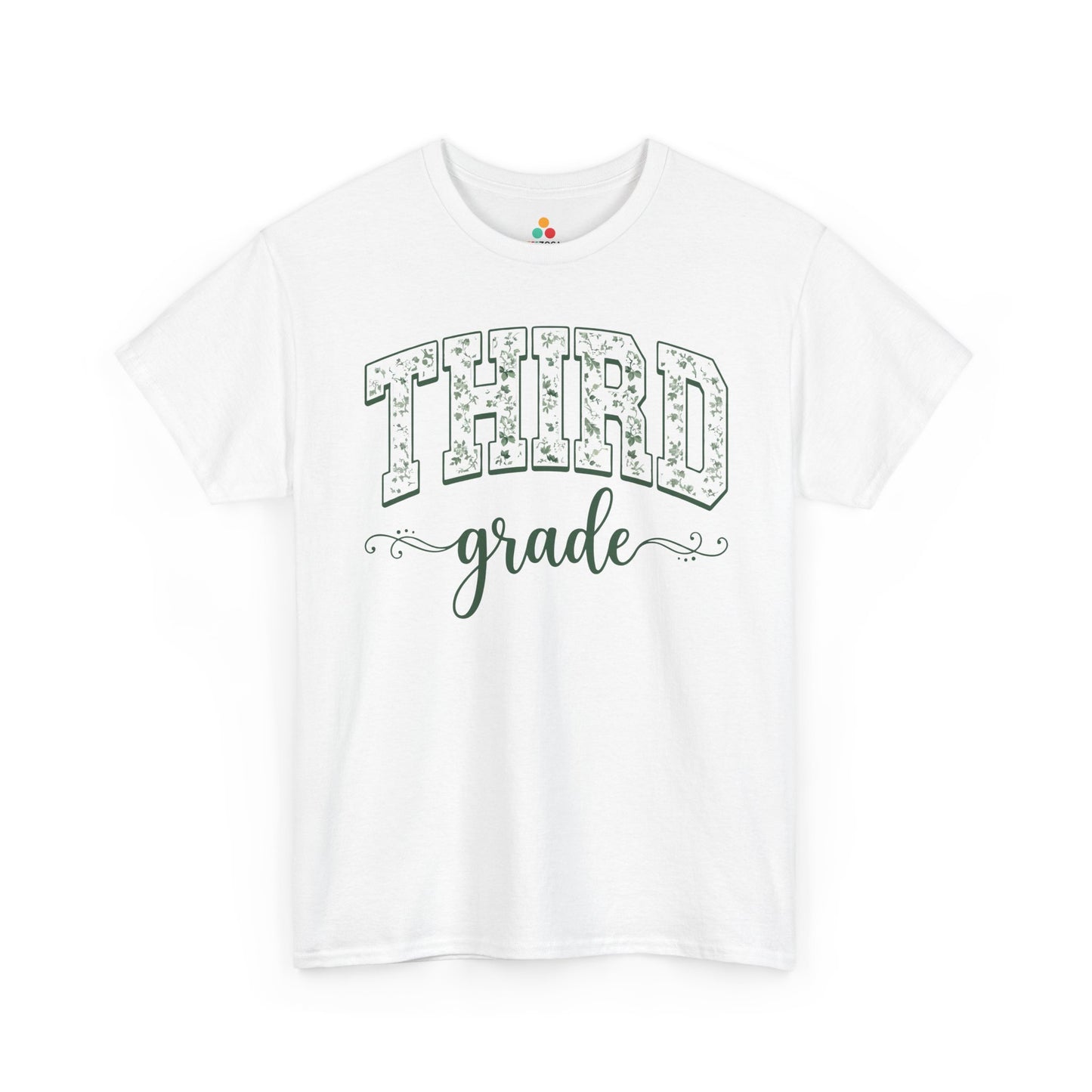 White t-shirt with 'THIRD grade' text on a white background. TEEZOCA floral third grade shirt for adults, the kind of teacher tee shoppers find on Amazon and Etsy for the new school year.
