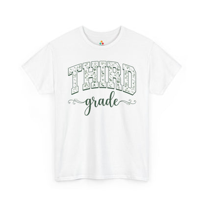 White t-shirt with 'THIRD grade' text on a white background. TEEZOCA floral third grade shirt for adults, the kind of teacher tee shoppers find on Amazon and Etsy for the new school year.

