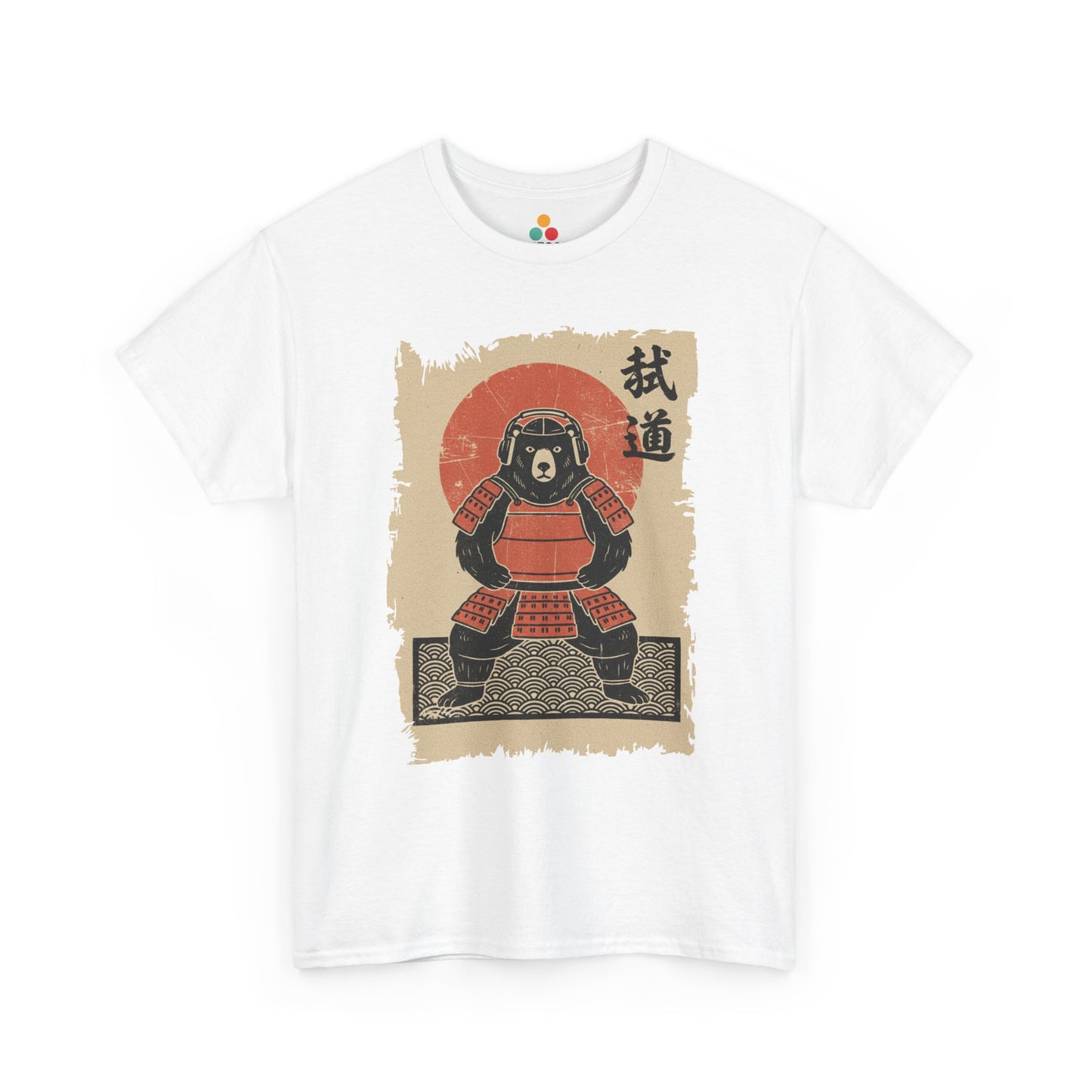 White t-shirt with a graphic of A Vintage Japanese ukiyo-e style bear samurai in red armor with red sun background.​

