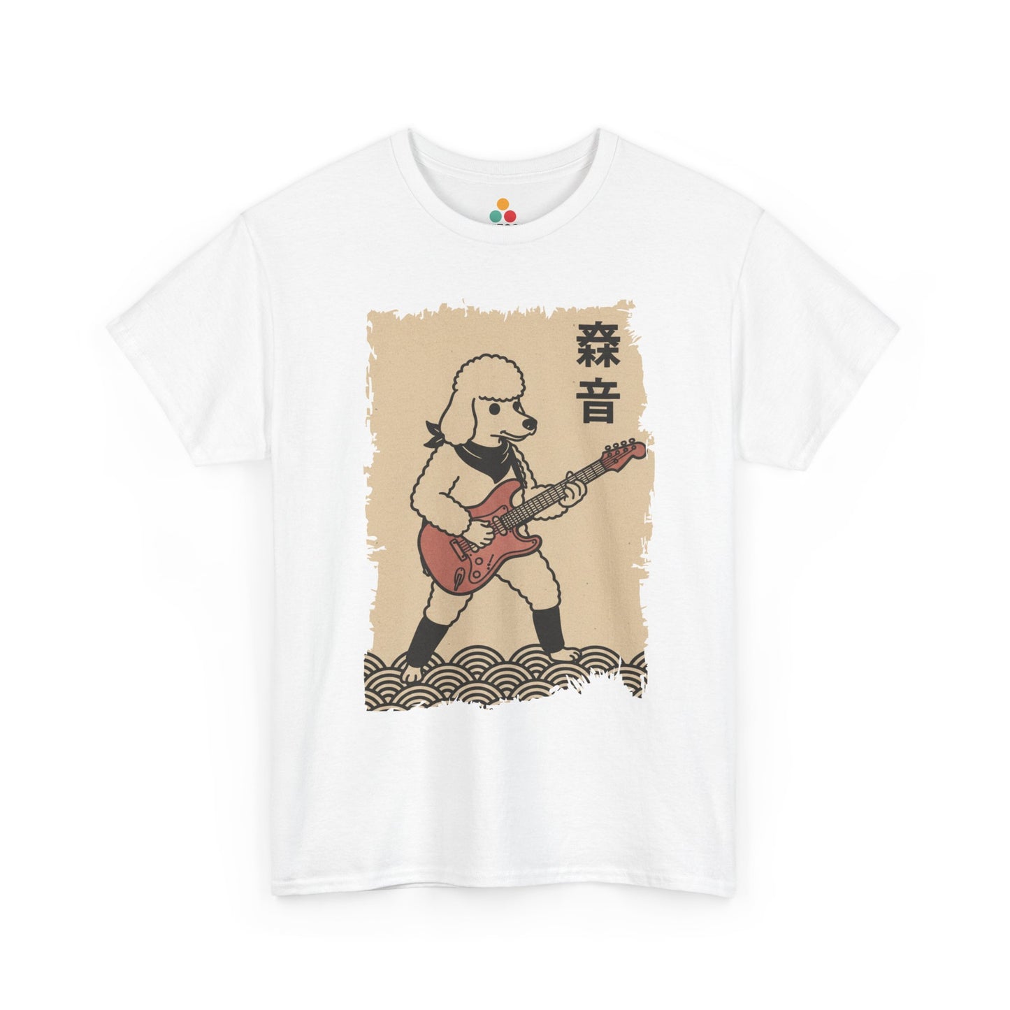 White t-shirt with a graphic of a Vintage Japanese ukiyo-e style poodle playing electric guitar with wave pattern.​

