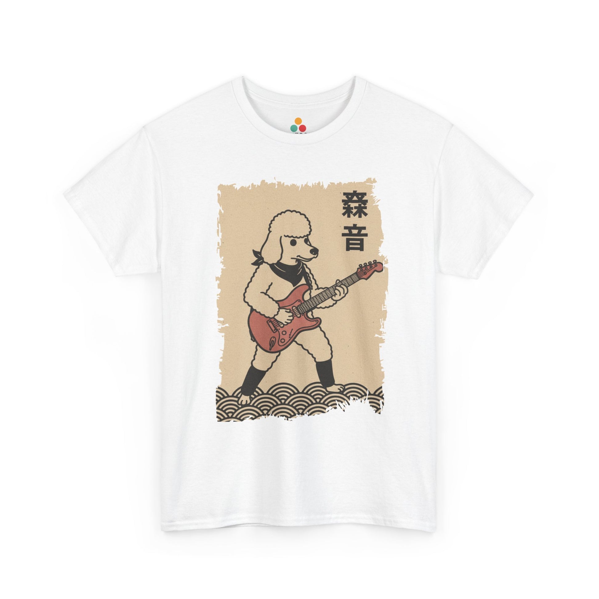 White t-shirt with a graphic of a Vintage Japanese ukiyo-e style poodle playing electric guitar with wave pattern.​

