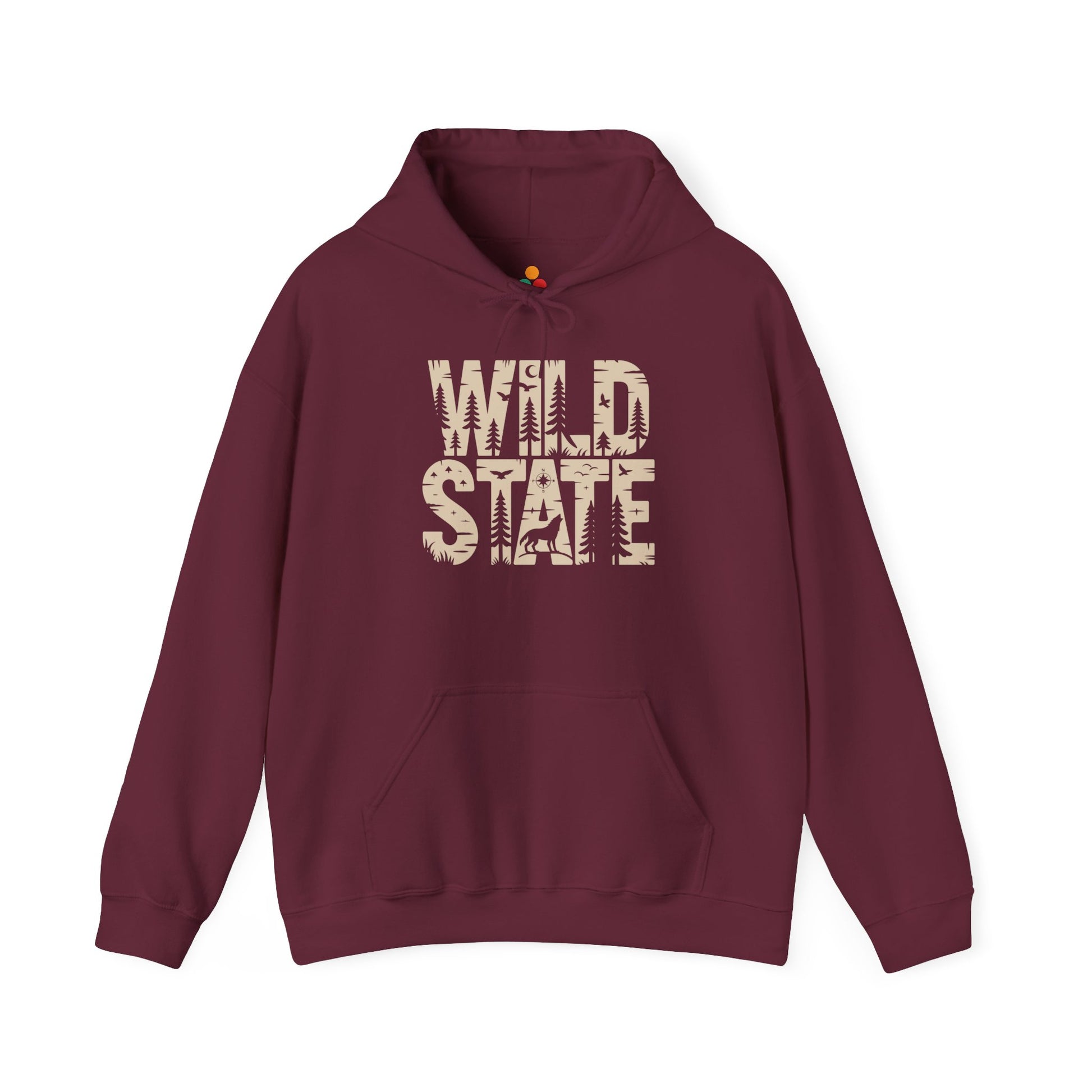 Wild State Forest Typography Unisex Heavy Blend Hoodie | TEEZOCA forest-themed wild state graphic Unisex Heavy Blend Hoodie