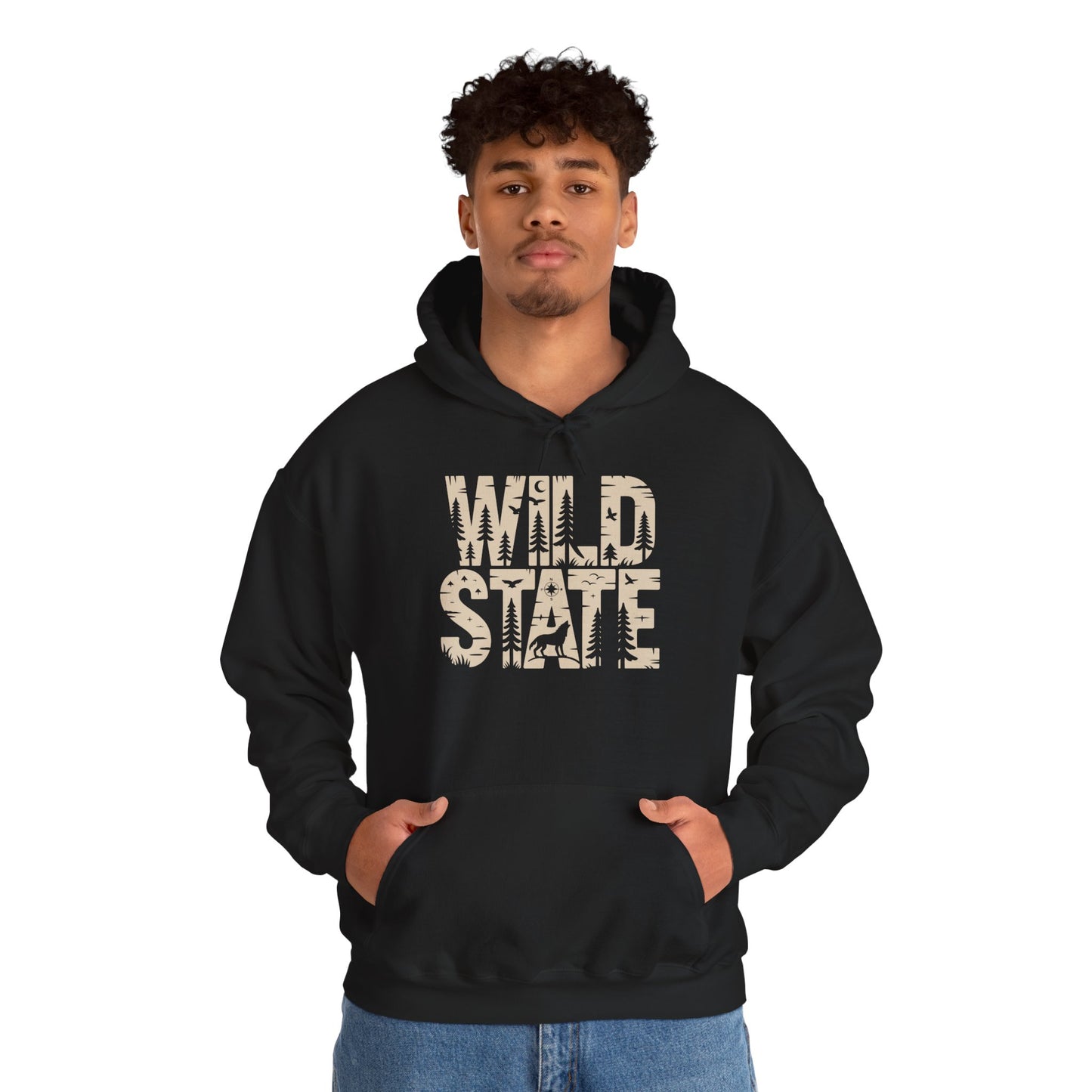 Wild State Forest Typography Unisex Heavy Blend Hoodie | TEEZOCA wilderness lettering trees design Unisex Heavy Blend Hoodie