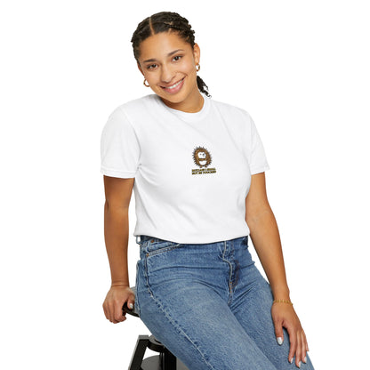 WoMen Wearing White  Comfort Colors® shirt featuring an embroidered hedgehog with the funny saying "Huzzah! I Shall Not Be Touched."

