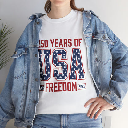 Woman Wearing 250 Years of USA Freedom White T-Shirt – Retro Patriotic Gift for Men and Women | TEEZOCA 