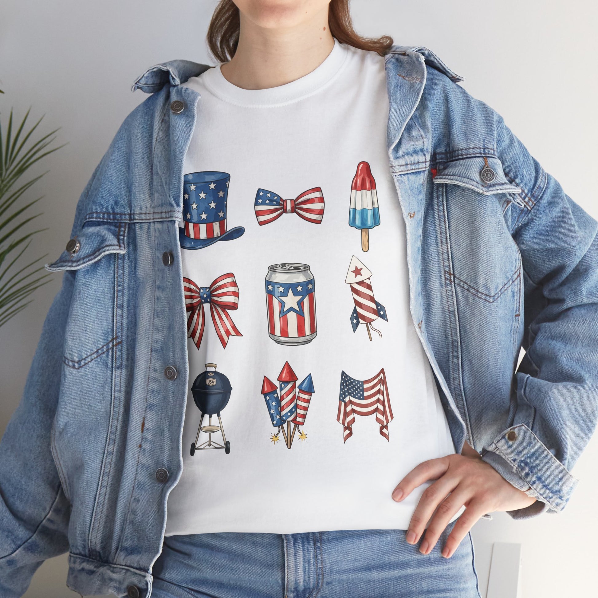 Woman Wearing 4th of July Vibes White Shirt — Aesthetic Patriotic T-shirt for Summer | TEEZOCA 