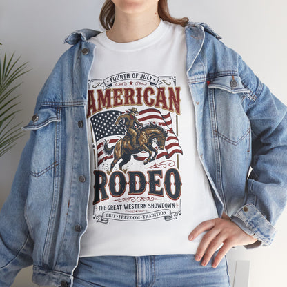 Woman Wearing American Rodeo White T-Shirt – 4th of July Western Graphic Tee | TEEZOCA 