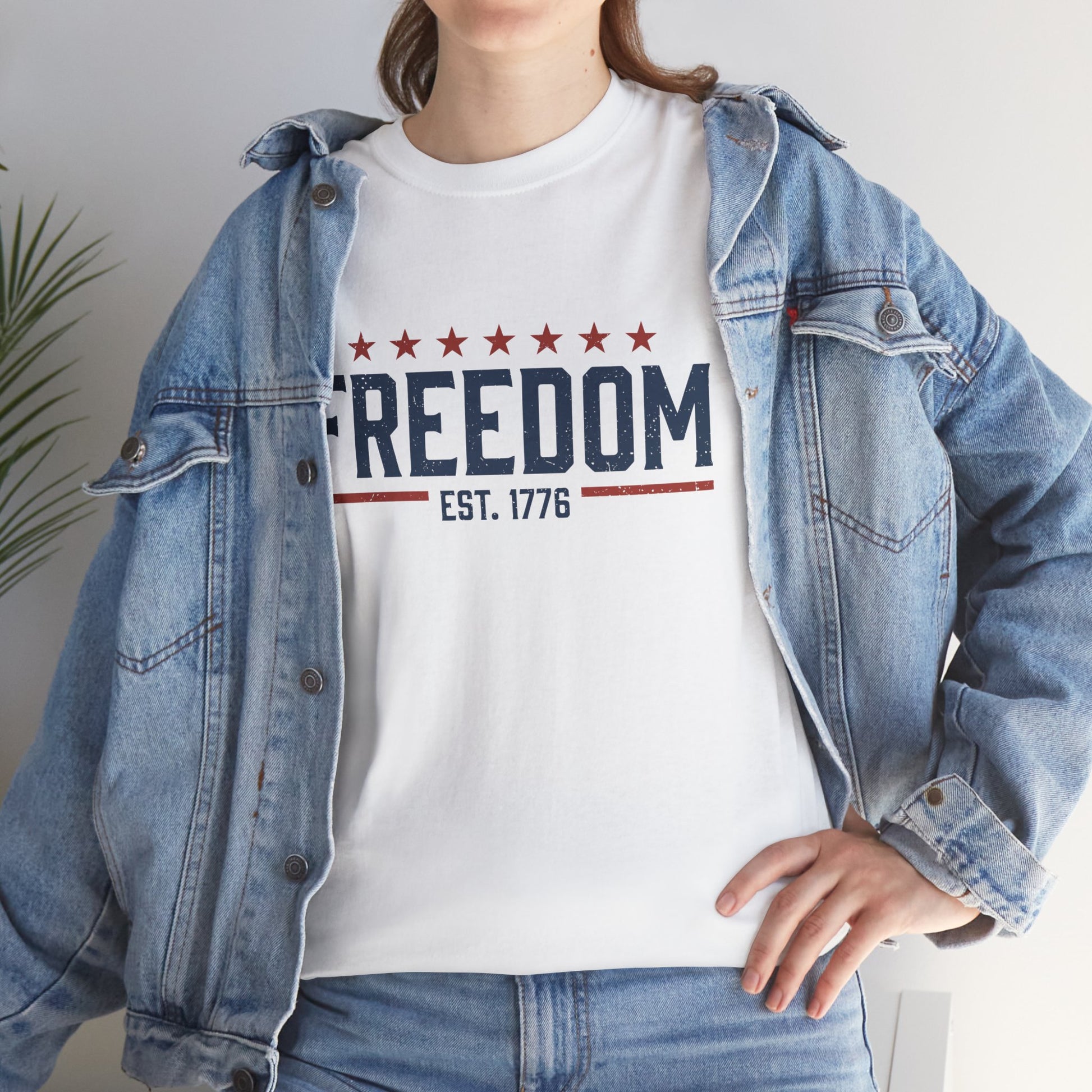 Woman Wearing Freedom EST. 1776 White T-Shirt – Patriotic Graphic Tee | TEEZOCA 