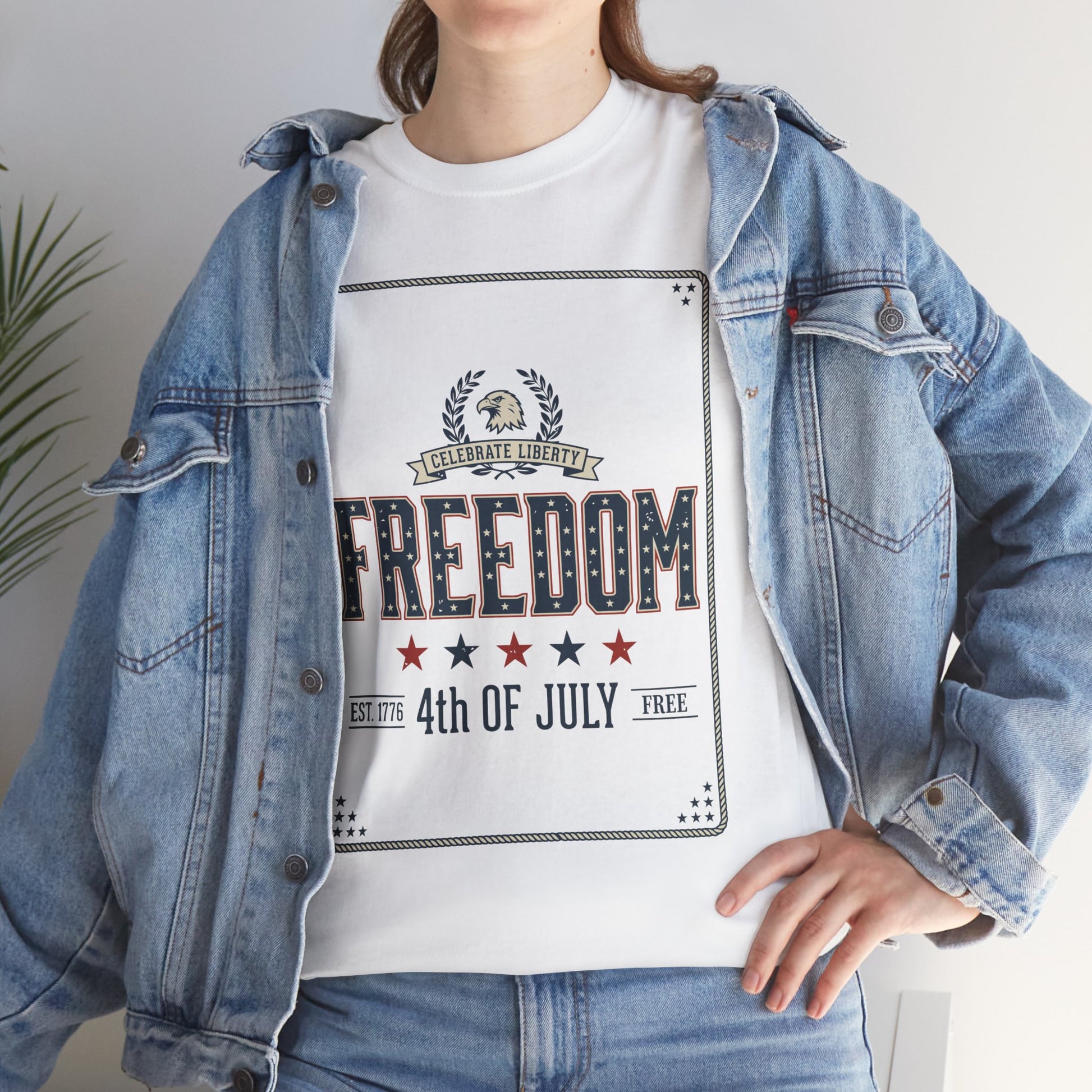 Woman Wearing Freedom Est 1776 4th of July White T-Shirt – Patriotic Graphic Tee | TEEZOCA 