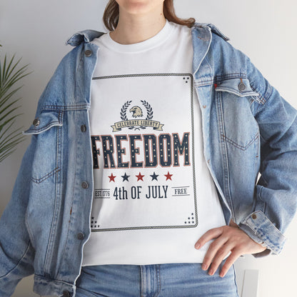 Woman Wearing Freedom Est 1776 4th of July White T-Shirt – Patriotic Graphic Tee | TEEZOCA 
