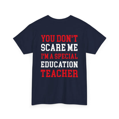 Woman Wearing TEEZOCA Funny You Don’t Scare Me I’m a Special Education Teacher 2 Sides Navy T-Shirt Gift Back view