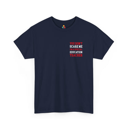 Woman Wearing TEEZOCA Funny You Don’t Scare Me I’m a Special Education Teacher 2 Sides Navy T-Shirt Gift Front view