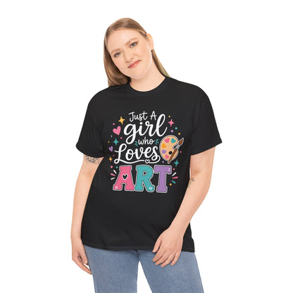 Woman art teacher wearing a black TEEZOCA Just a Girl Who Loves Art t-shirt, a cute back to school tee for art lovers.
