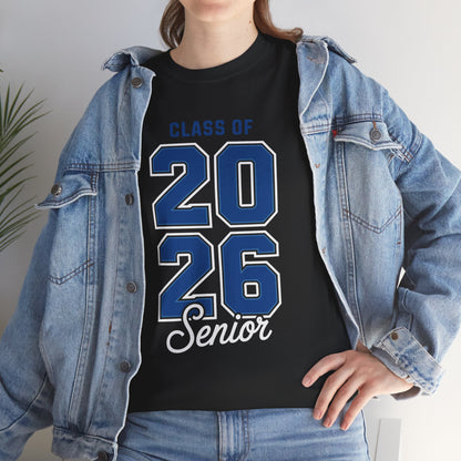 Woman in a denim jacket styling a black TEEZOCA Class of 2026 blue numbers senior tee.