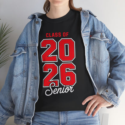 Woman in a denim jacket styling a black TEEZOCA Class of 2026 red numbers senior tee.