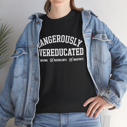 Woman in a denim jacket styling a black TEEZOCA Dangerously Overeducated academic humor tee.