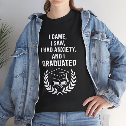 Woman in a denim jacket styling a black TEEZOCA anxiety and graduated text tee.