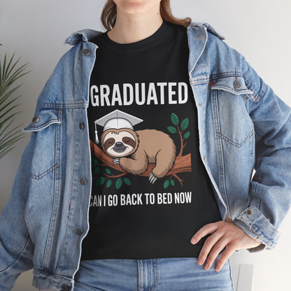 Woman in a denim jacket styling a black TEEZOCA sleepy sloth graduation tee.