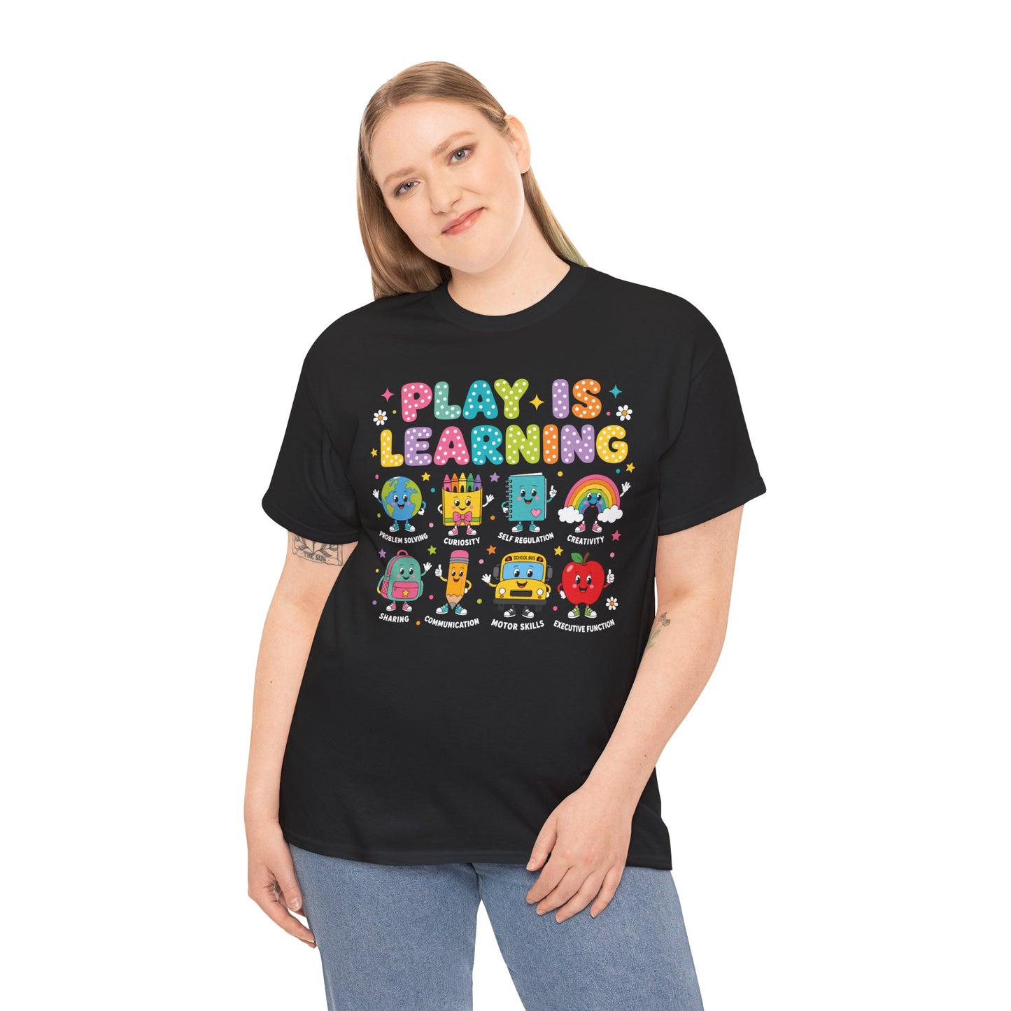 Woman teacher wearing a black TEEZOCA Play Is Learning t-shirt, a cute back to school tee for early-childhood educators.
