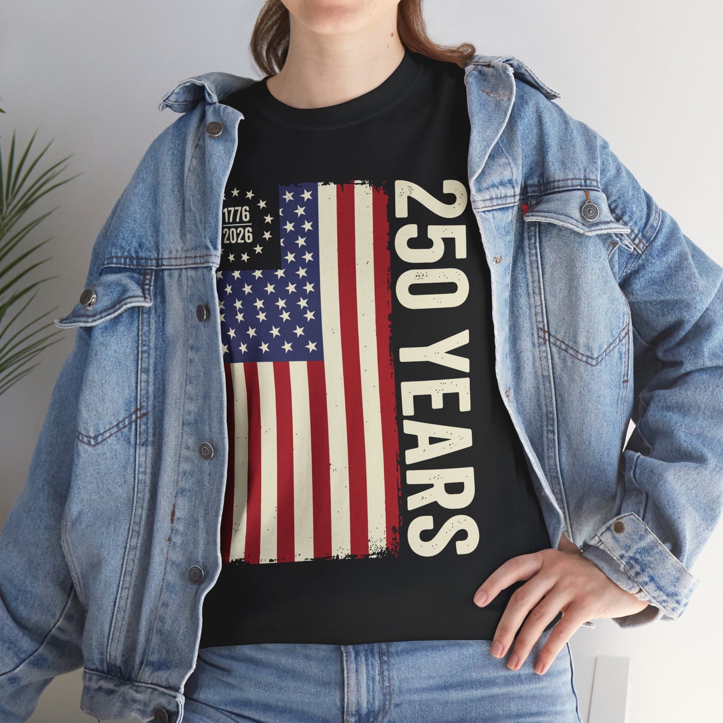 Woman wearing America 250 Years Semiquincentennial black T-Shirt – Retro Patriotic Gift for Men and Women | TEEZOCA 