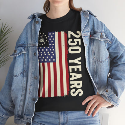 Woman wearing America 250 Years Semiquincentennial black T-Shirt – Retro Patriotic Gift for Men and Women | TEEZOCA 
