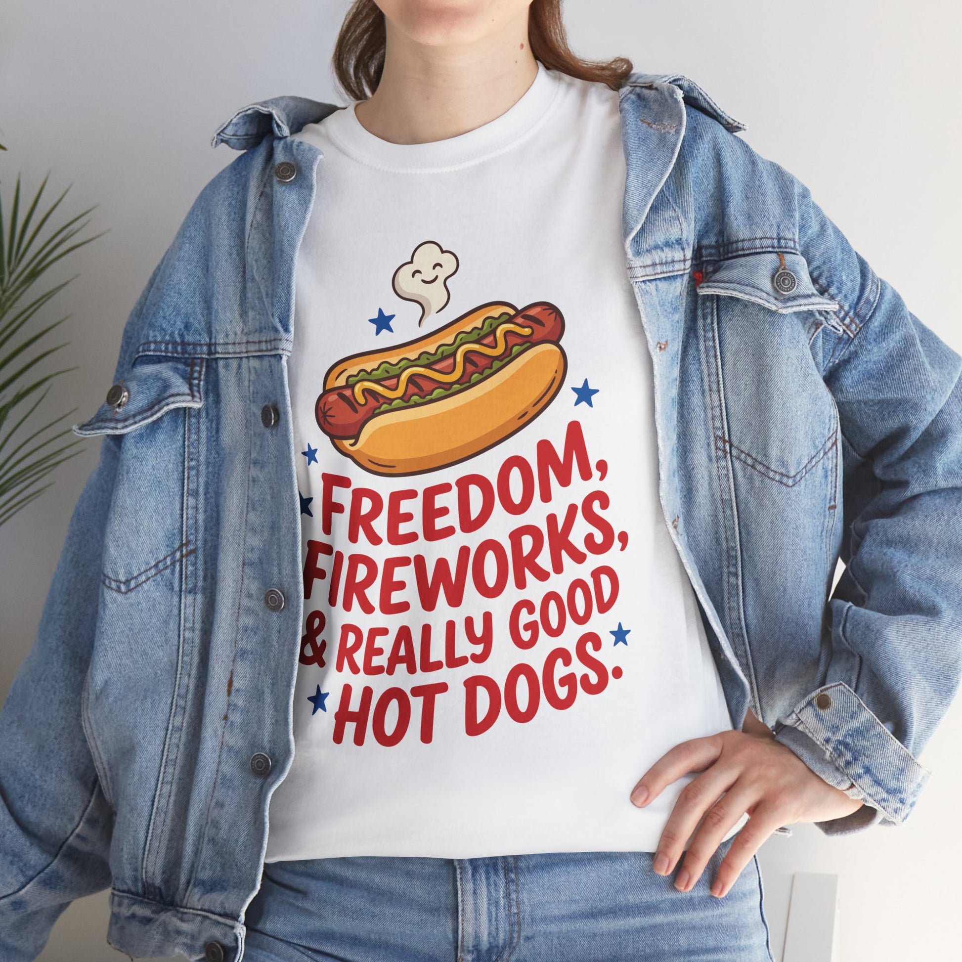 Woman wearing Freedom Fireworks Hot Dogs white T-Shirt – Funny Patriotic Gift for Men and Women | TEEZOCA 