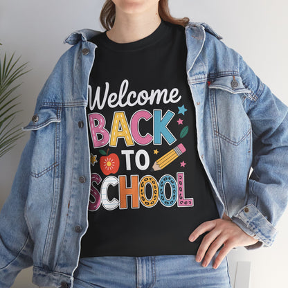 Woman wearing TEEZOCA black “Welcome Back To School” tee under denim jacket.