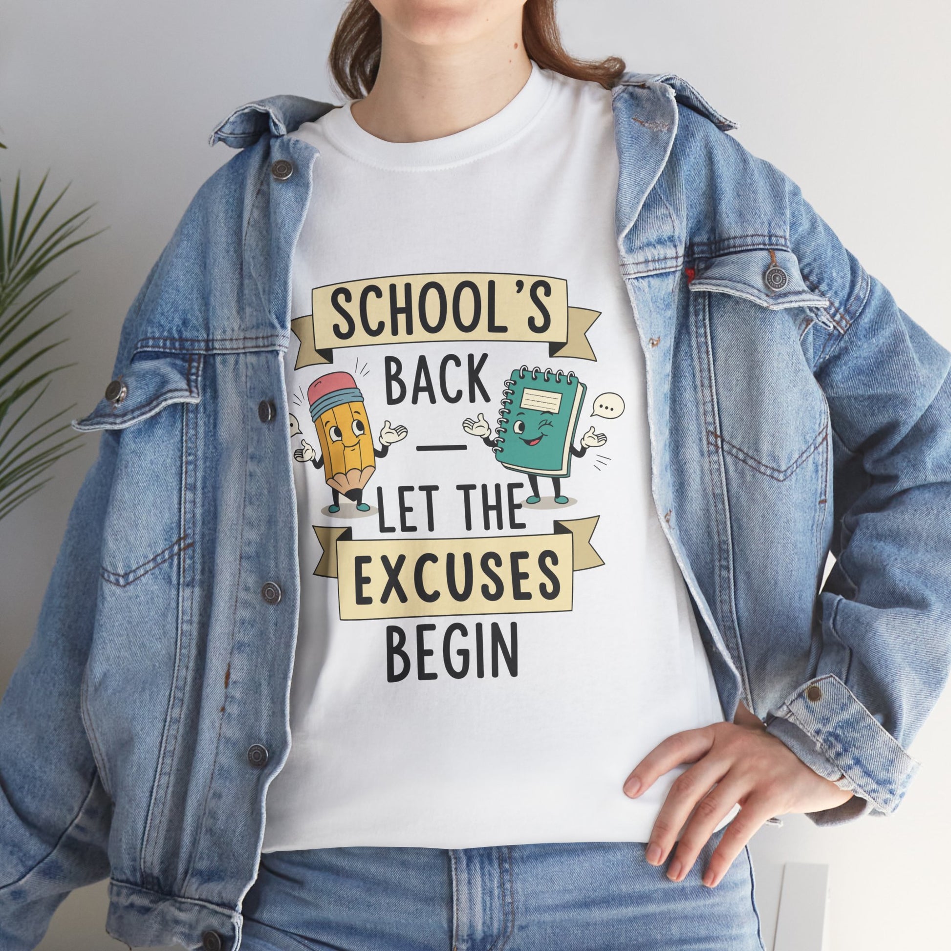 Woman wearing TEEZOCA white sarcastic school excuses tee under denim jacket.