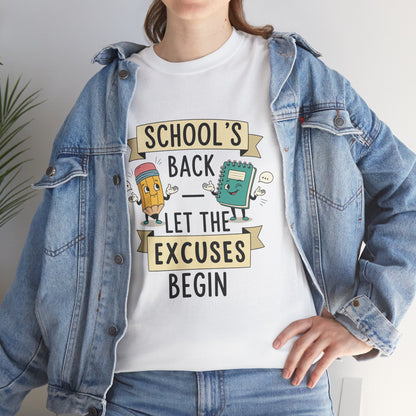Woman wearing TEEZOCA white sarcastic school excuses tee under denim jacket.