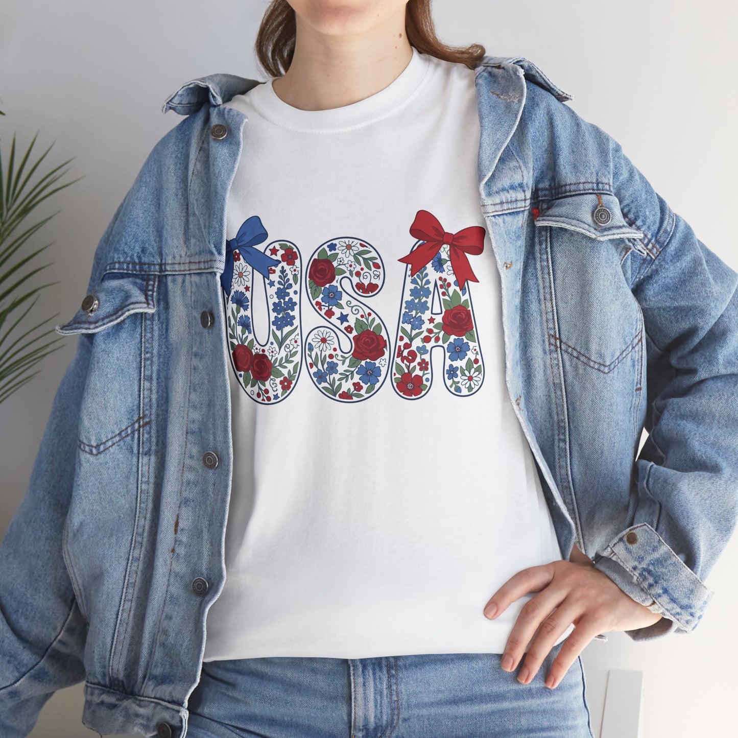 Woman wearing a TEEZOCA white Floral Bow Wildflower USA T-Shirt – Cute Patriotic Gift for Women
