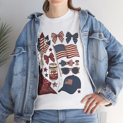 Woman wearing a TEEZOCA white Patriotic USA Coquette 4th of July Shirt — Vintage Western Aesthetic T-shirt for Summer