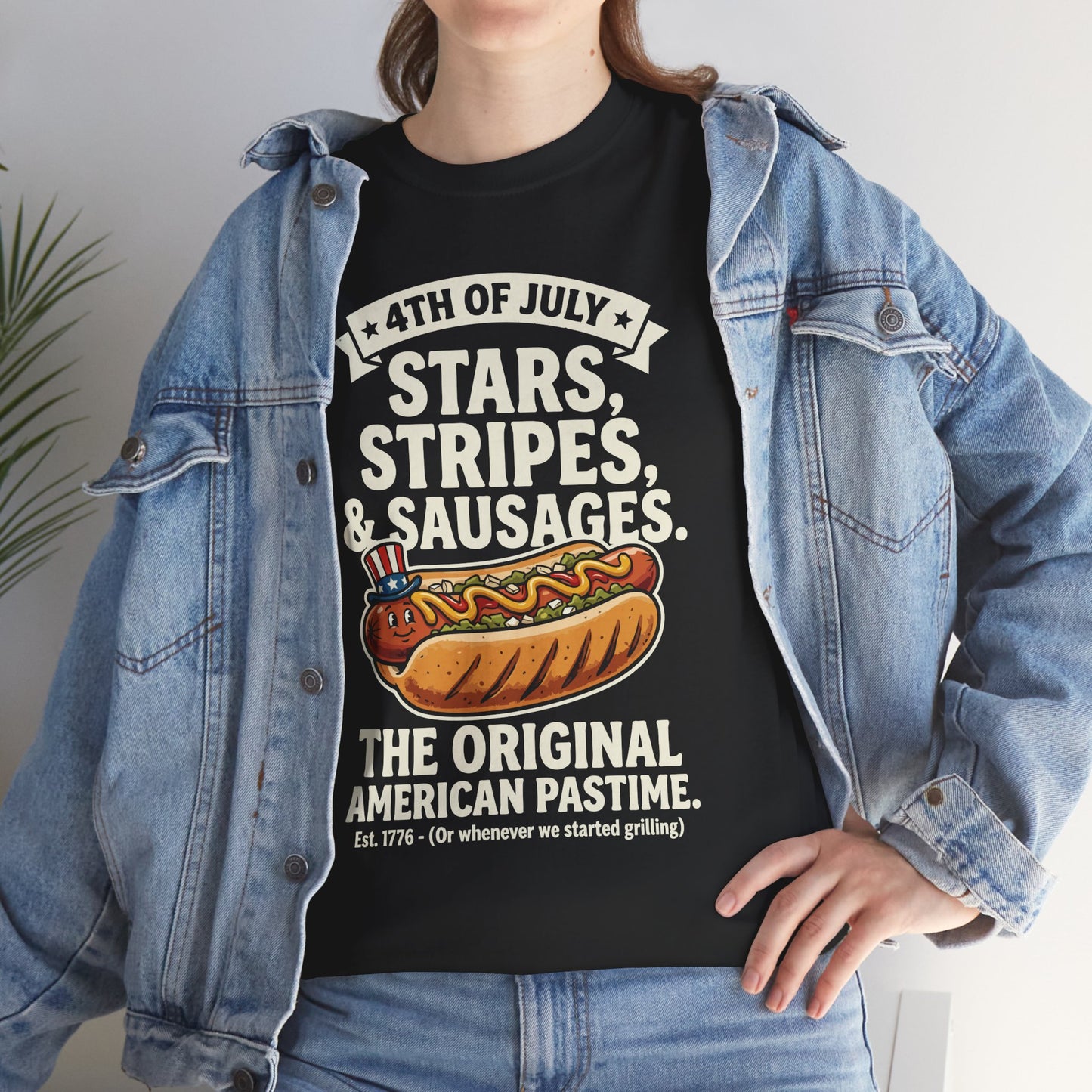 Woman wearing a black TEEZOCA Stars Stripes Sausages Funny T-Shirt – Retro Patriotic Gift for Men and Women