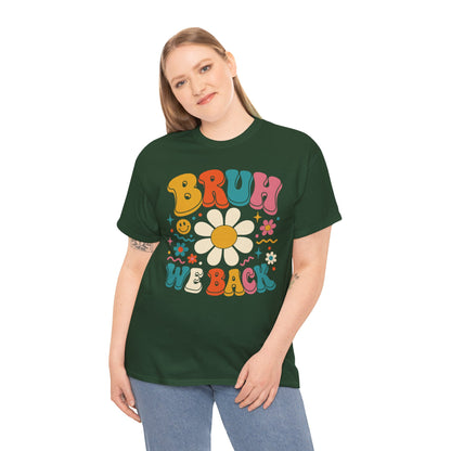 Woman wearing a forest green TEEZOCA Bruh We Back groovy t-shirt, a funny back to school tee for the new school year.
