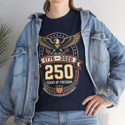 Woman wearing a navy blue TEEZOCA 1776 2026 250 Years of Freedom Semiquincentennial T-Shirt — Patriotic Vintage America 250th Anniversary Tee 