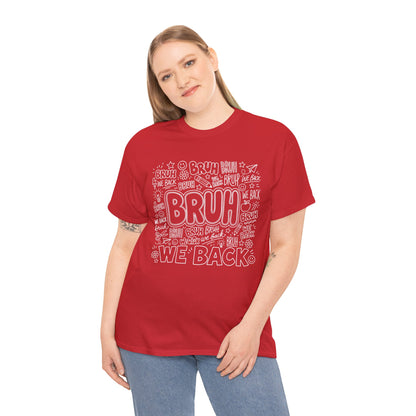 Woman wearing a red TEEZOCA Bruh We Back doodle t-shirt, a funny back to school tee for the new school year.
