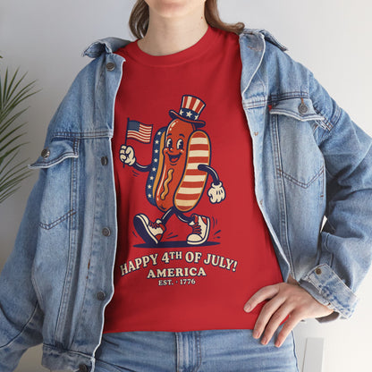Woman wearing a red TEEZOCA Happy 4th of July Cartoon Hot Dog T-Shirt – Funny Patriotic Gift for Men and Women