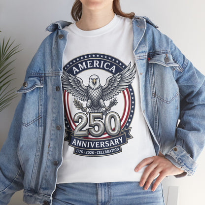 Woman wearing a white TEEZOCA America 250 Anniversary Eagle T-Shirt – Patriotic 1776 2026 Celebration Tee