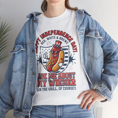 Woman wearing a white TEEZOCA Ask Me About My Wiener Funny T-Shirt – Retro Patriotic BBQ Gift for Men and Women