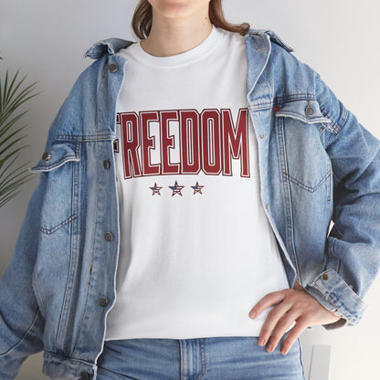 Woman wearing a white TEEZOCA FREEDOM Patriotic T-Shirt – 4th of July Vintage USA Gift Tee