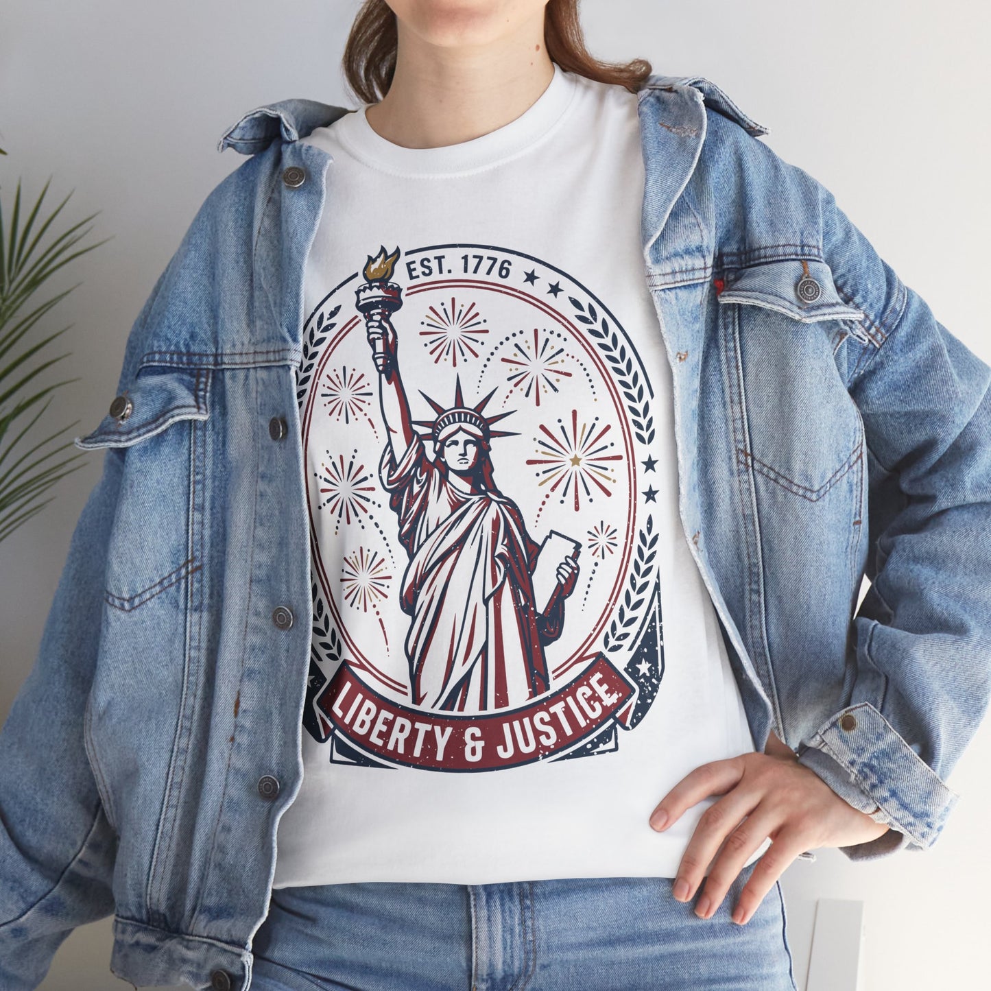 Woman wearing a white TEEZOCA Vintage Statue of Liberty Justice Est 1776 Freedom Patriotic 4th of July T-Shirt Gift | TEEZOCA 