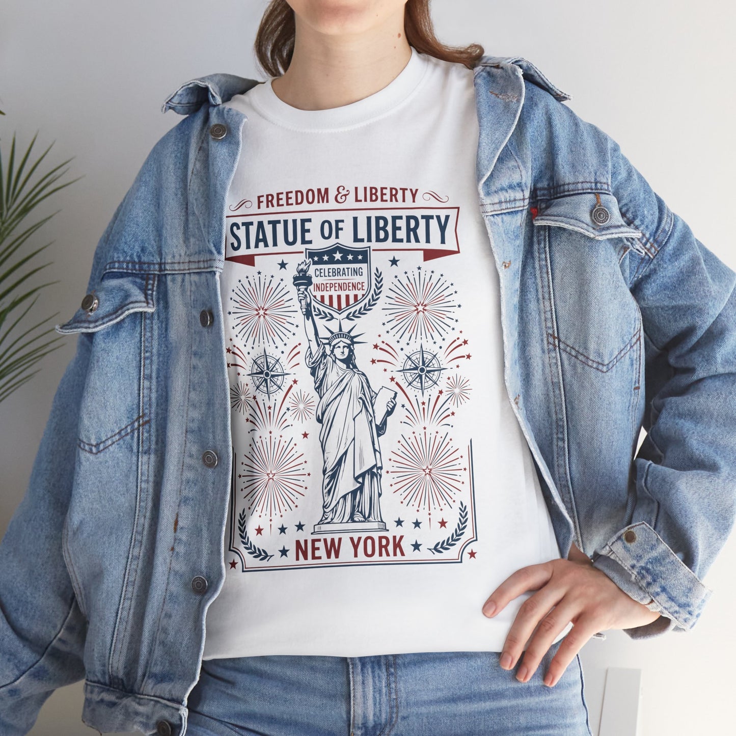 Woman wearing a white TEEZOCA Vintage Statue of Liberty New York Justice Patriotic 4th of July T-shirt