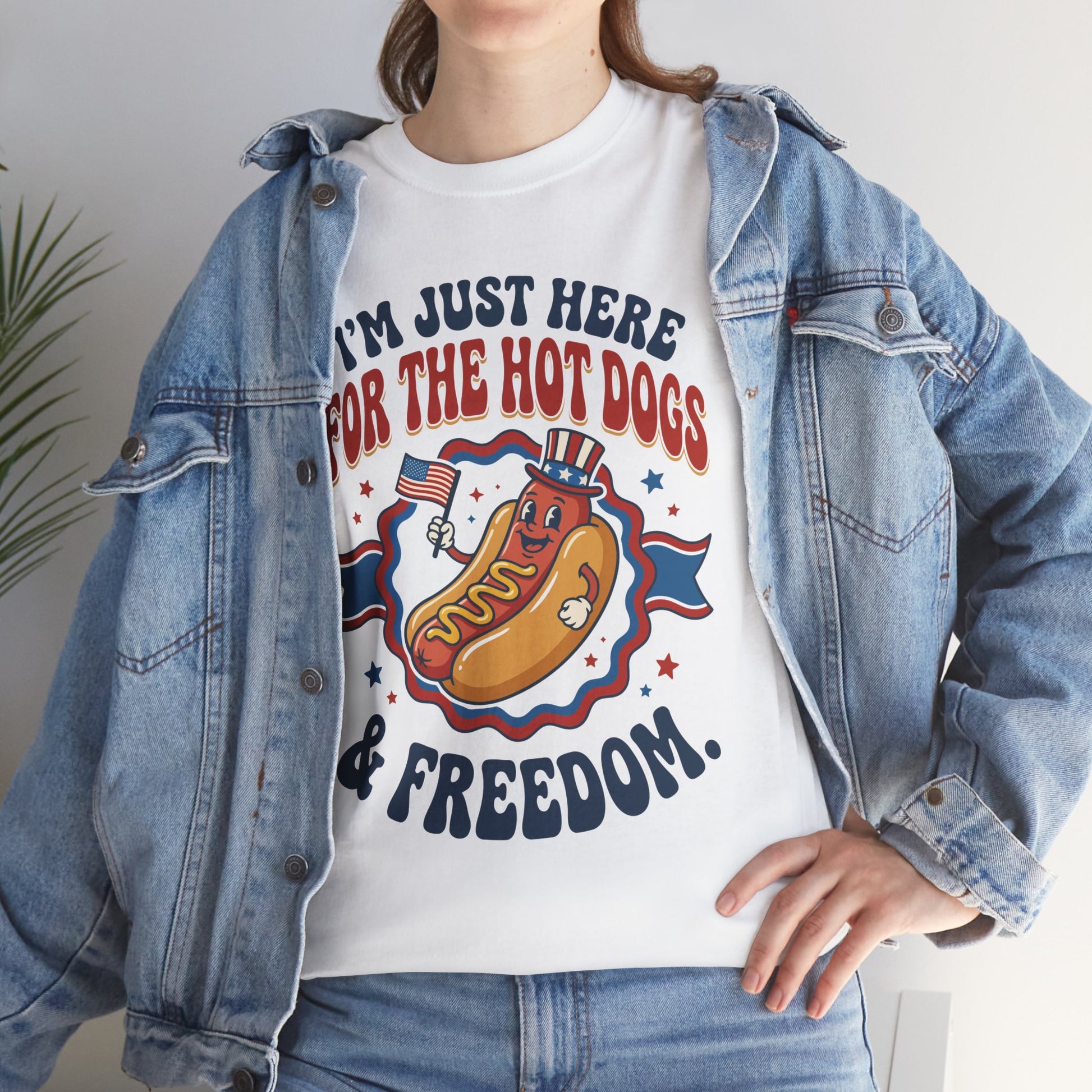 Woman wearing a white TEEZOCA funny grilling shirt styled casually underneath a blue denim jacket.